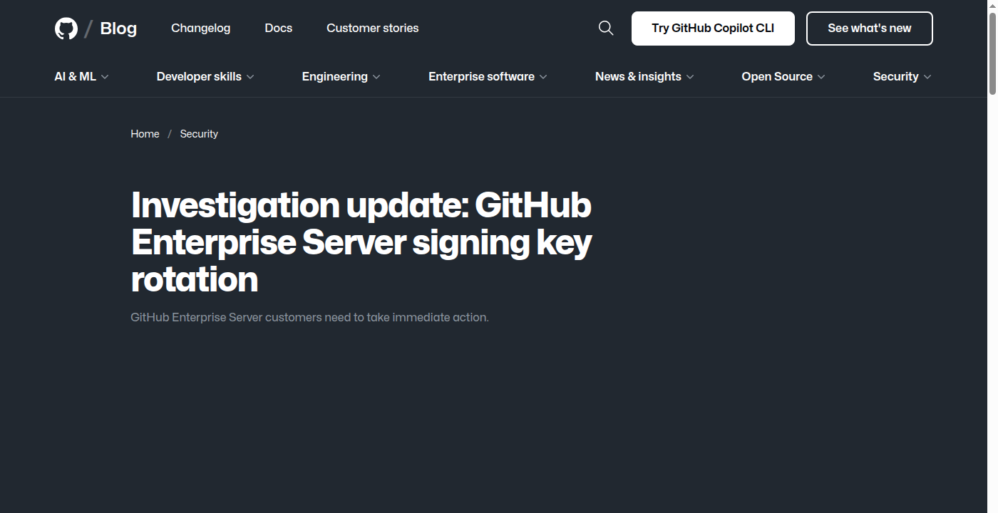 Скриншот официального обновления GitHub Blog о ротации ключа GitHub Enterprise Server после инцидента