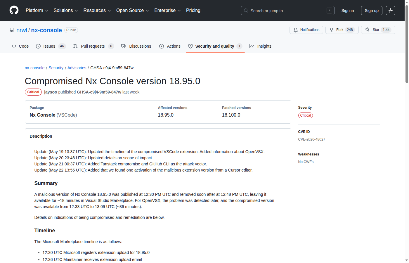 Скриншот GitHub advisory Compromised Nx Console version 18.95.0 с affected version 18.95.0 и patched version 18.100.0