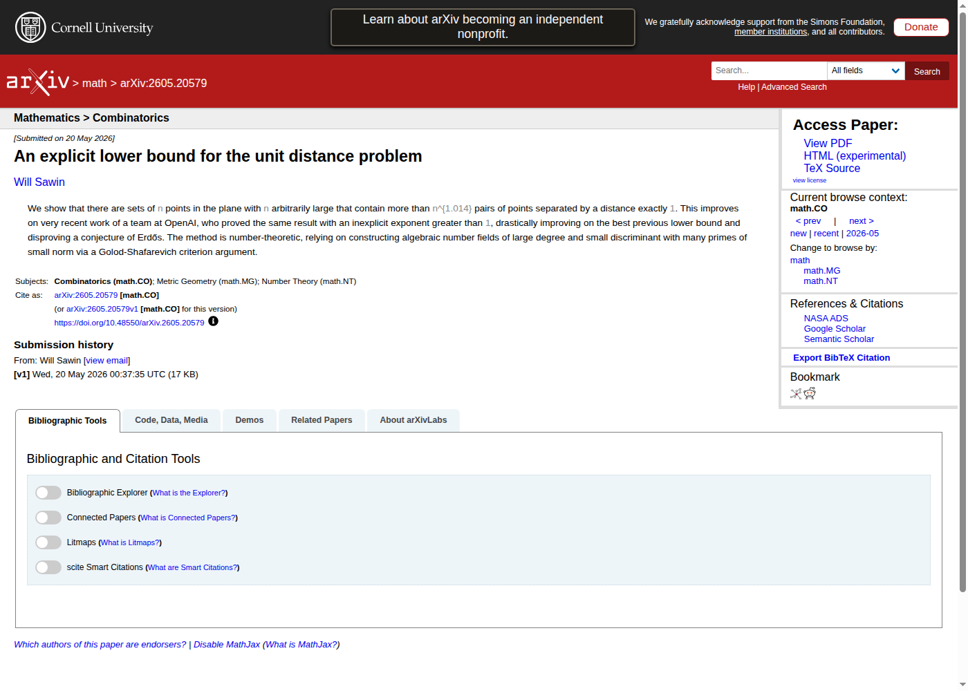 Страница arXiv с работой Will Sawin An explicit lower bound for the unit distance problem