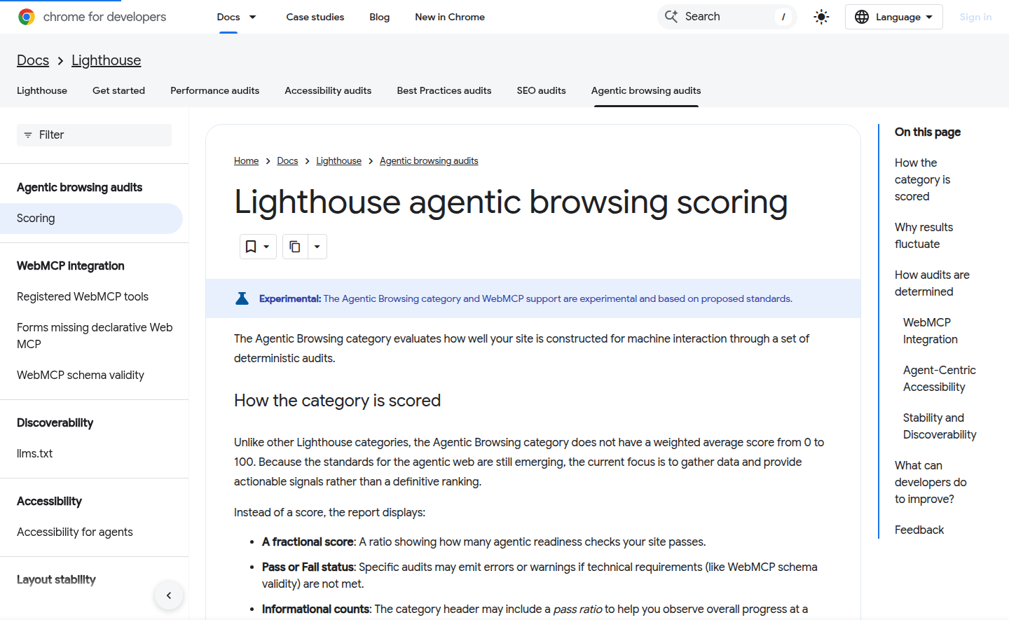 Страница Chrome for Developers с описанием Lighthouse Agentic Browsing scoring