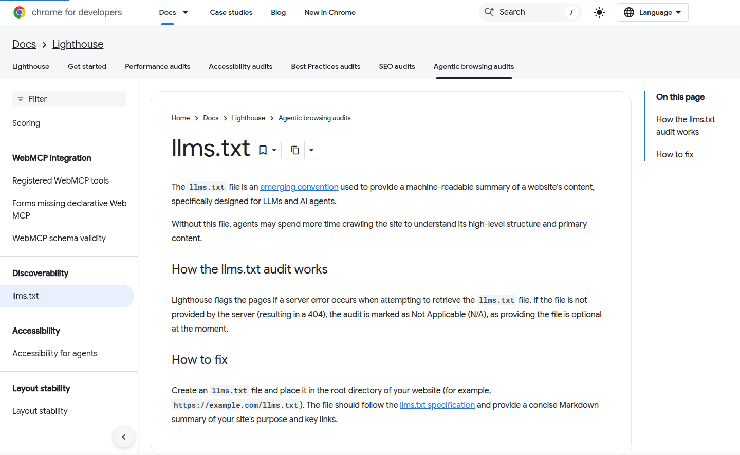 Страница Chrome for Developers о llms.txt audit в Lighthouse