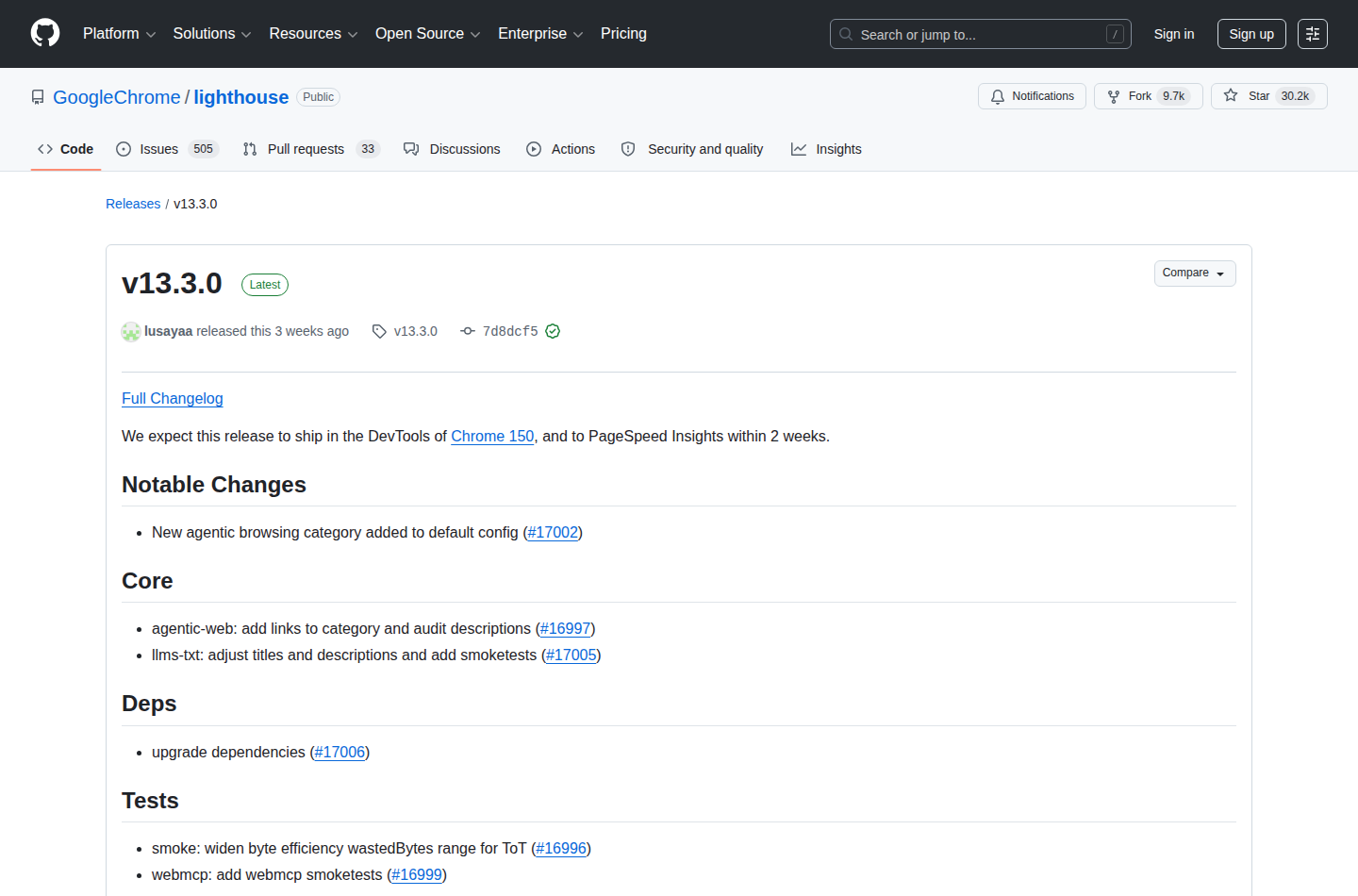 Release notes GoogleChrome Lighthouse v13.3.0 с пунктом про новую категорию agentic browsing
