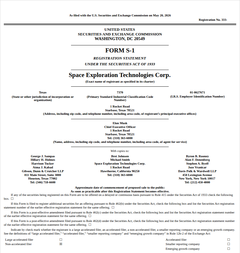 Обложка формы S-1 Space Exploration Technologies Corp., поданной в SEC 20 мая 2026 года
