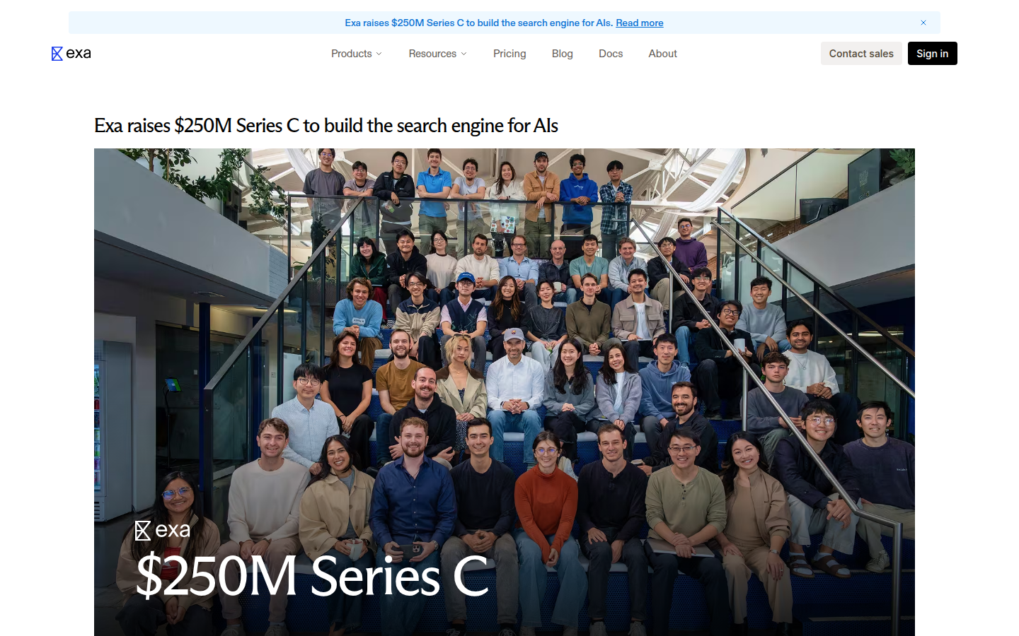 Скриншот официального блога Exa с анонсом Series C на 250 млн долларов