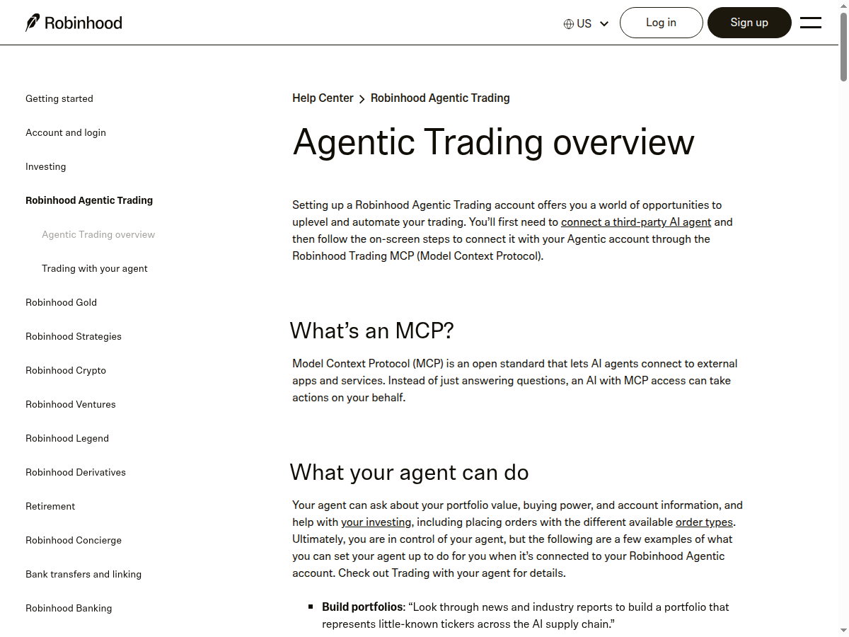 Официальная справка Robinhood Agentic Trading overview о подключении AI-агента через MCP