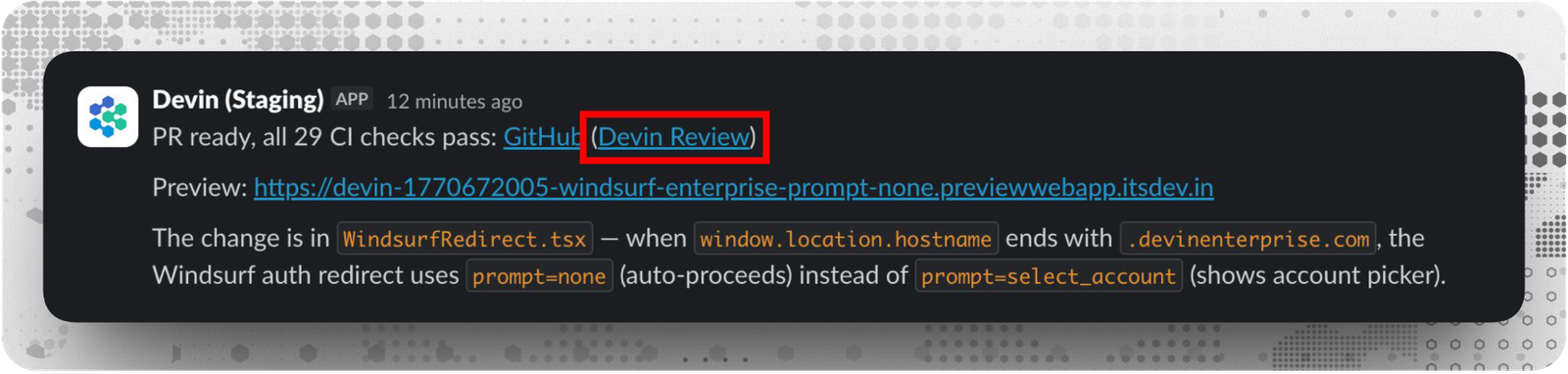 Официальный скриншот Devin Review с уведомлением о готовом pull request