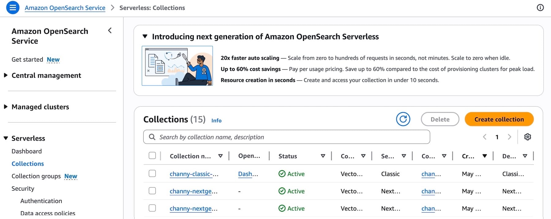 Скриншот консоли Amazon OpenSearch Service с новым поколением OpenSearch Serverless для AI agents