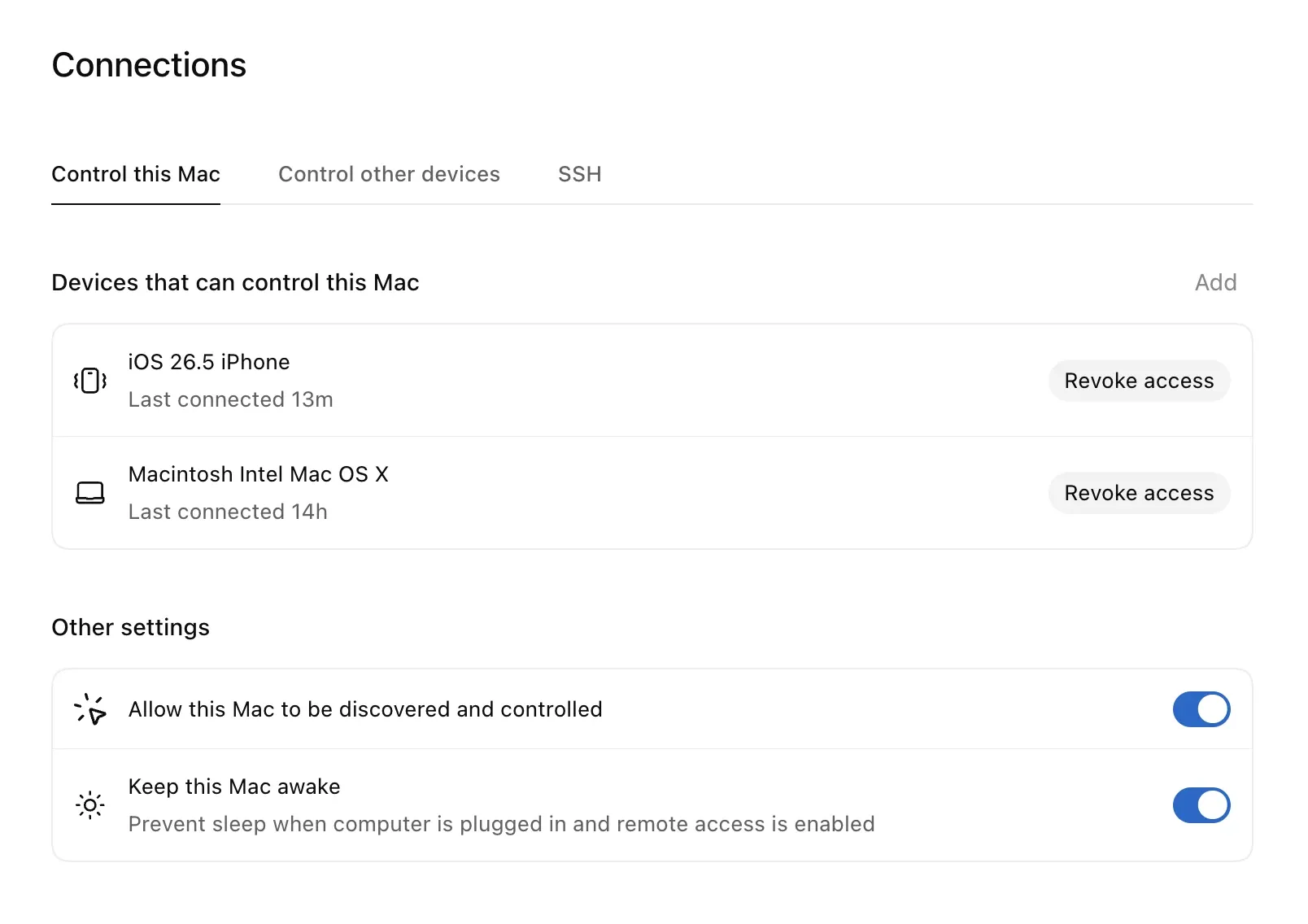 Настройки Codex Connections с подключёнными устройствами и опцией Keep this Mac awake