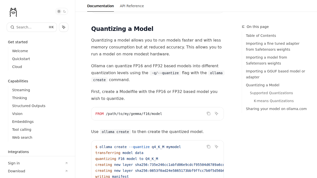 Документация Ollama с разделом Quantizing a Model и примером q4_K_M
