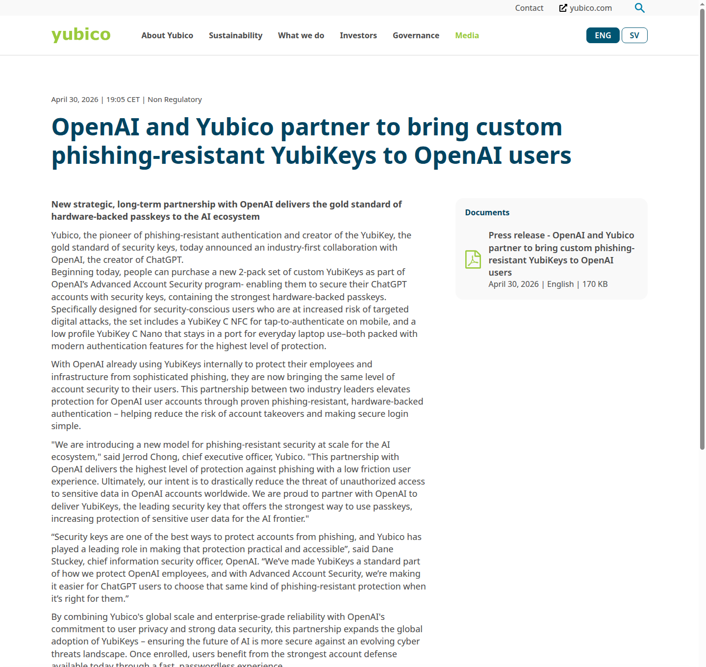 Пресс-релиз Yubico о партнёрстве с OpenAI по кастомным YubiKeys для Advanced Account Security