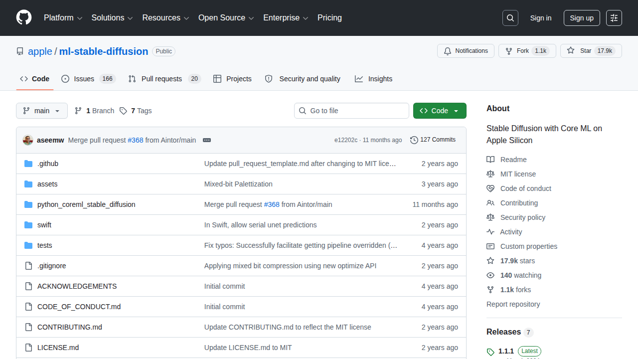 Официальный репозиторий Apple ml-stable-diffusion на GitHub