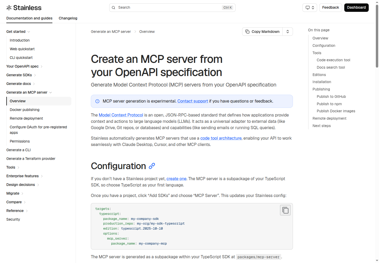 Скриншот документации Stainless о генерации MCP-сервера из OpenAPI-спецификации