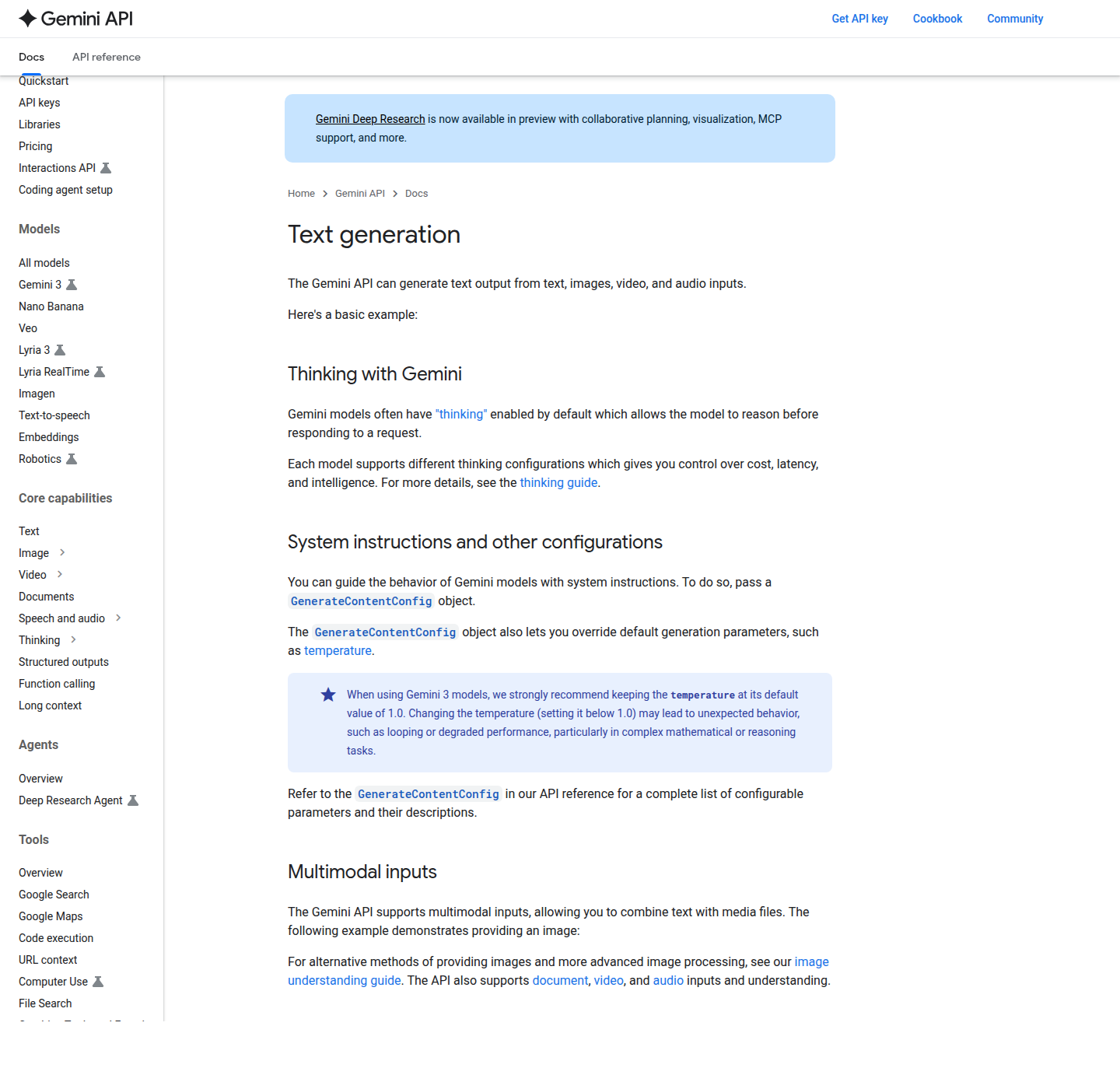 Документация Gemini API с разделом System instructions and other configurations