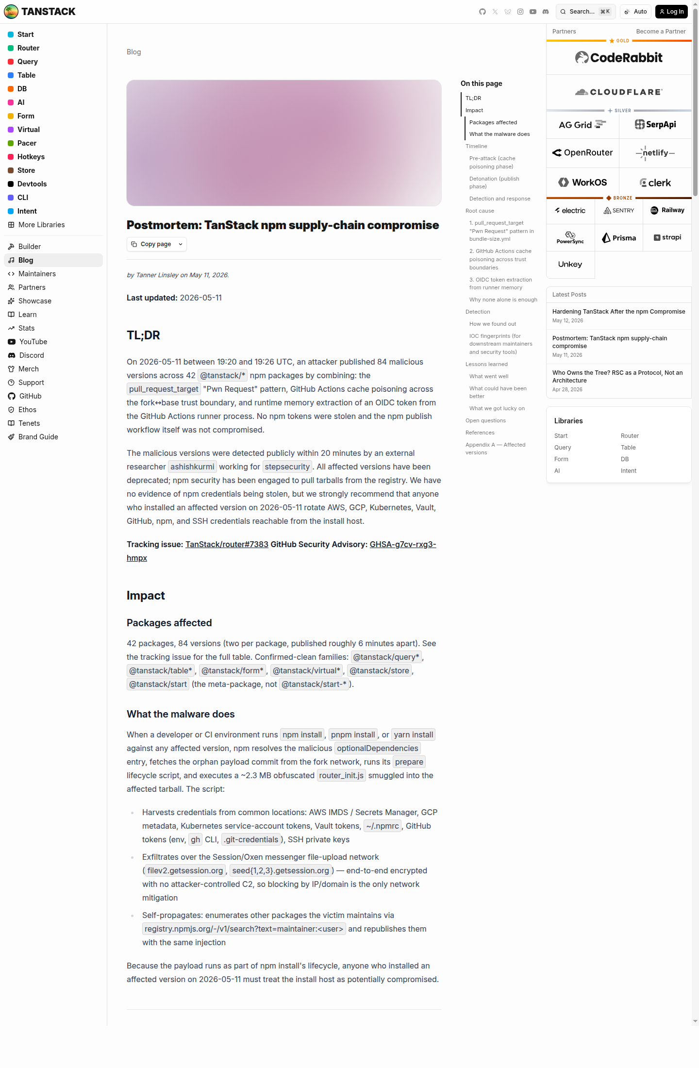 Скриншот официального TL;DR TanStack с цифрами 84 вредоносных версий в 42 пакетах npm