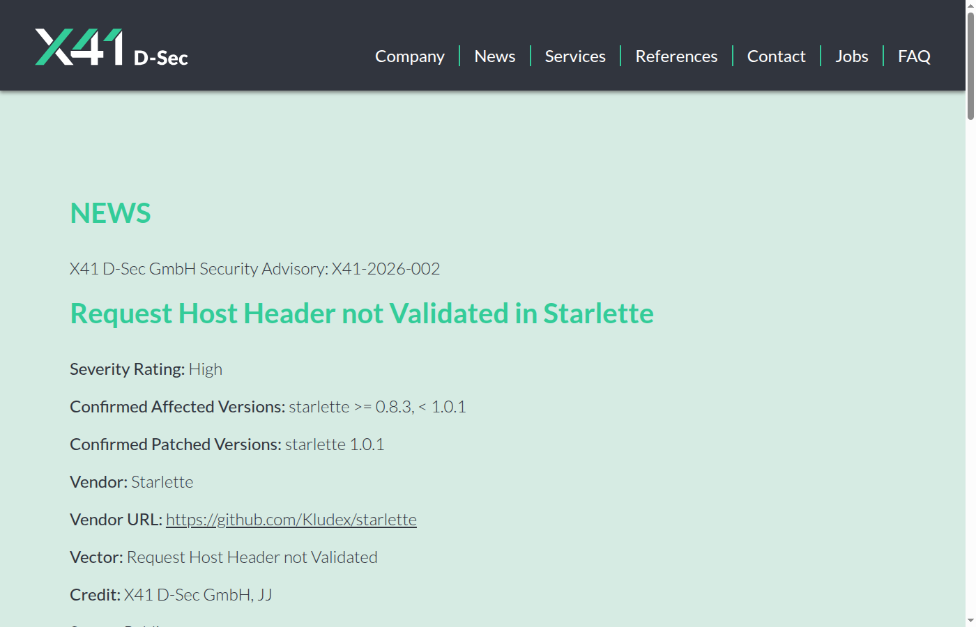 Advisory X41-2026-002 по BadHost в Starlette с affected и patched versions