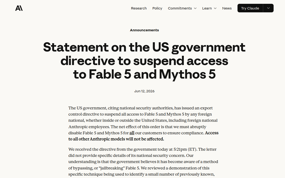Заявление Anthropic о директиве США по Fable 5 и Mythos 5