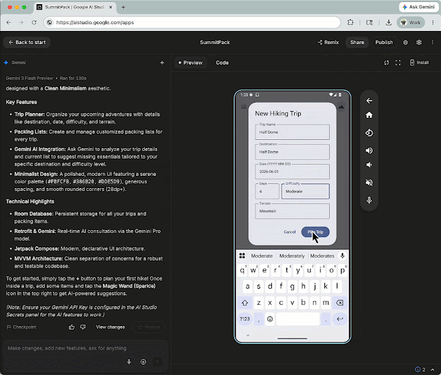 Интерфейс Google AI Studio с созданным Android-приложением SummitPack