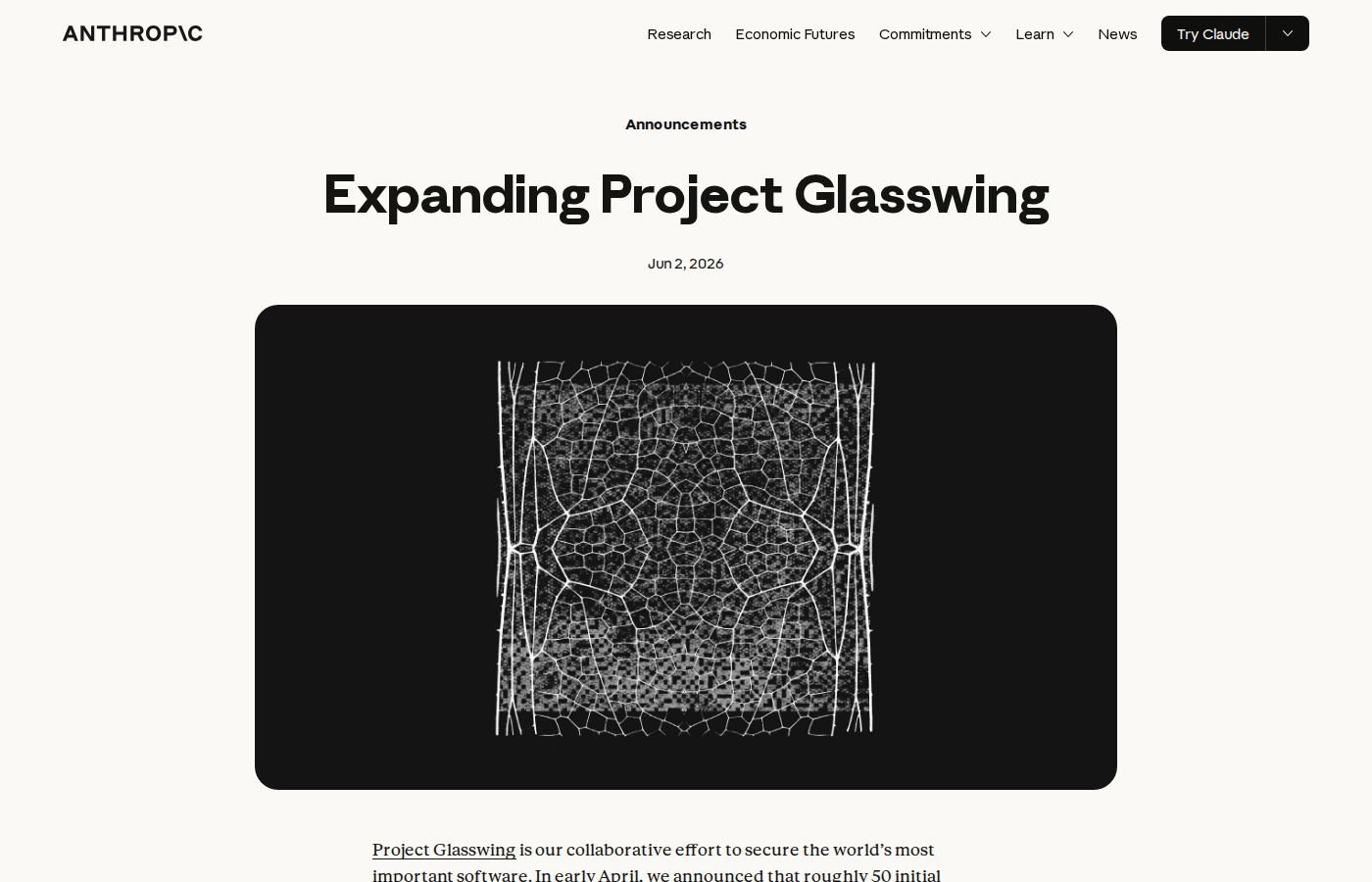 Скриншот страницы Anthropic Expanding Project Glasswing о расширении доступа к Claude Mythos Preview