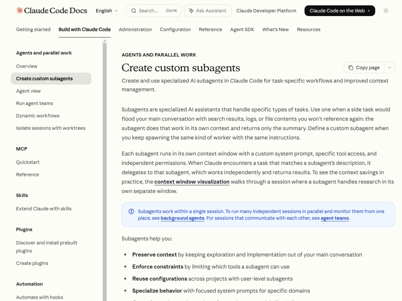 Официальная страница Claude Code Docs о создании custom subagents