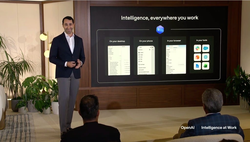 Кадр OpenAI Intelligence at Work с экраном Intelligence, everywhere you work