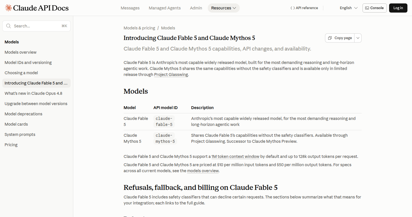 Скриншот официальной документации Claude API Docs с таблицей Claude Fable 5 и Claude Mythos 5