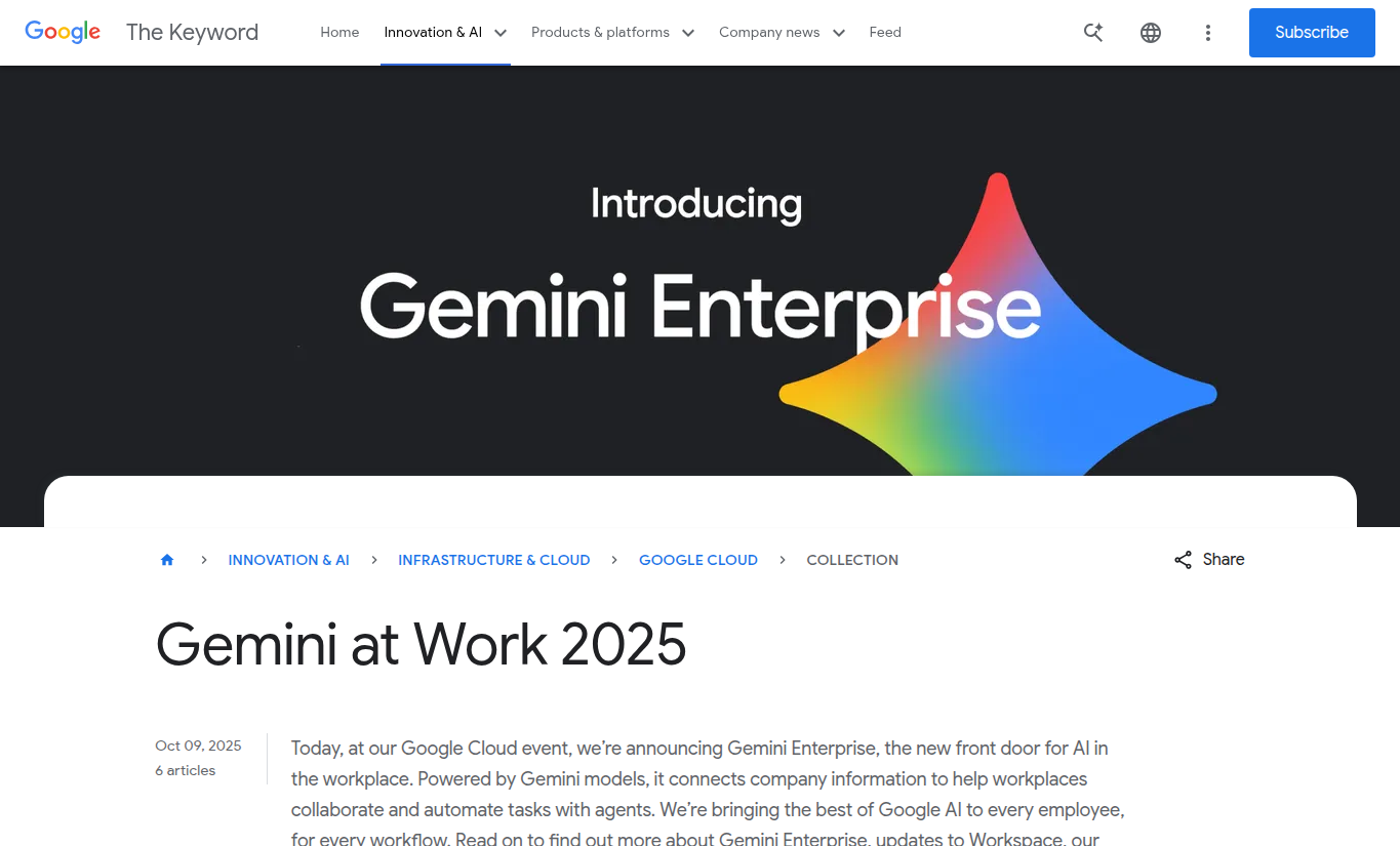 Официальная страница Google Blog с анонсом Gemini Enterprise