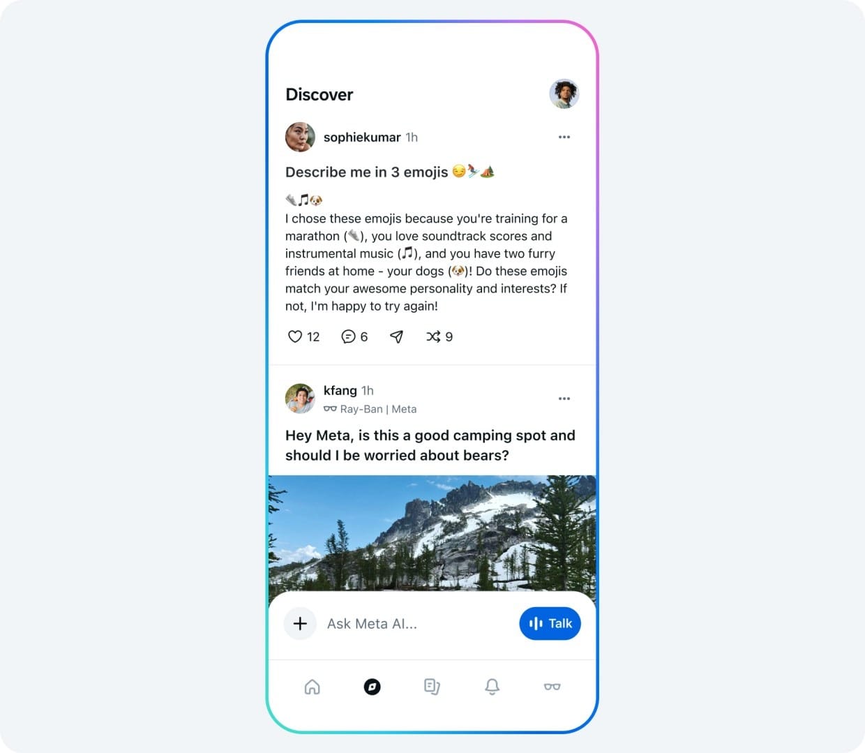 Официальный скриншот Meta AI Discover feed в мобильном приложении Meta AI