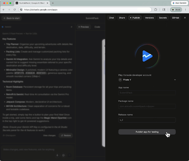 Форма публикации Android-приложения из Google AI Studio в Google Play internal testing