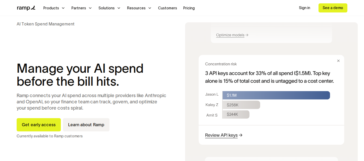 Страница Ramp AI Token Spend Management с примером контроля AI-расходов