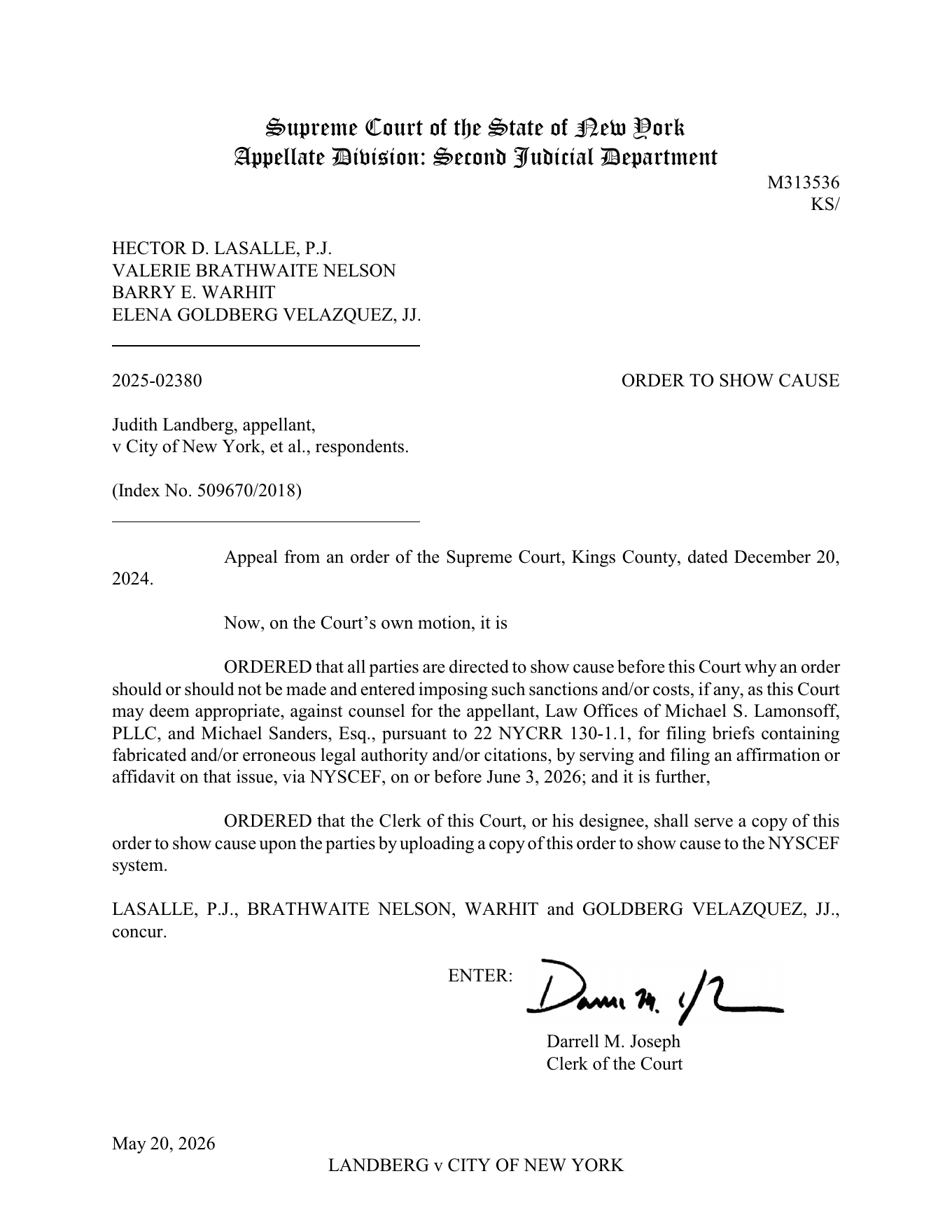 Ордер Appellate Division Second Judicial Department по делу Landberg v City of New York о возможных санкциях за сфабрикованные ссылки
