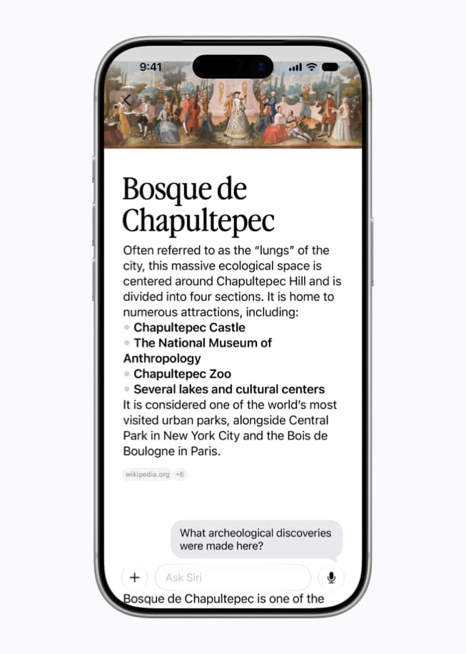 Siri AI отвечает на вопрос о Bosque de Chapultepec на iPhone