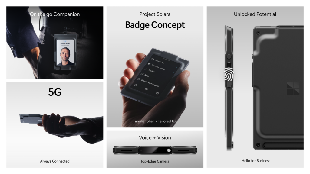 Официальный bento-кадр Microsoft Project Solara Badge Concept с экраном, 5G, камерой и Hello for Business
