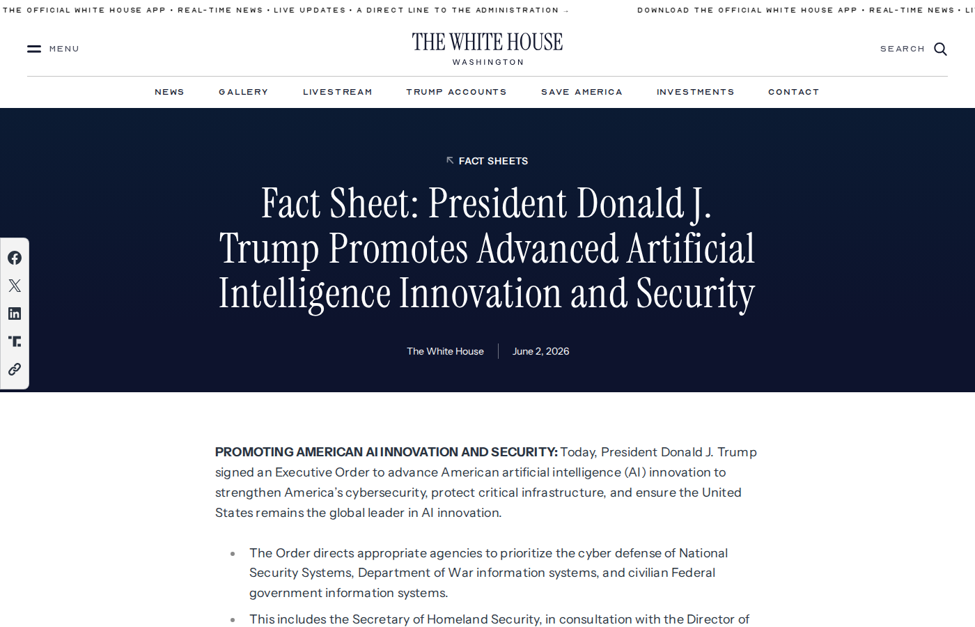 Скриншот fact sheet Белого дома о classified benchmarking, voluntary framework и отсутствии обязательного лицензирования AI-моделей