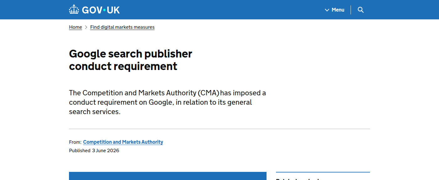 Страница GOV.UK о publisher conduct requirement для Google Search