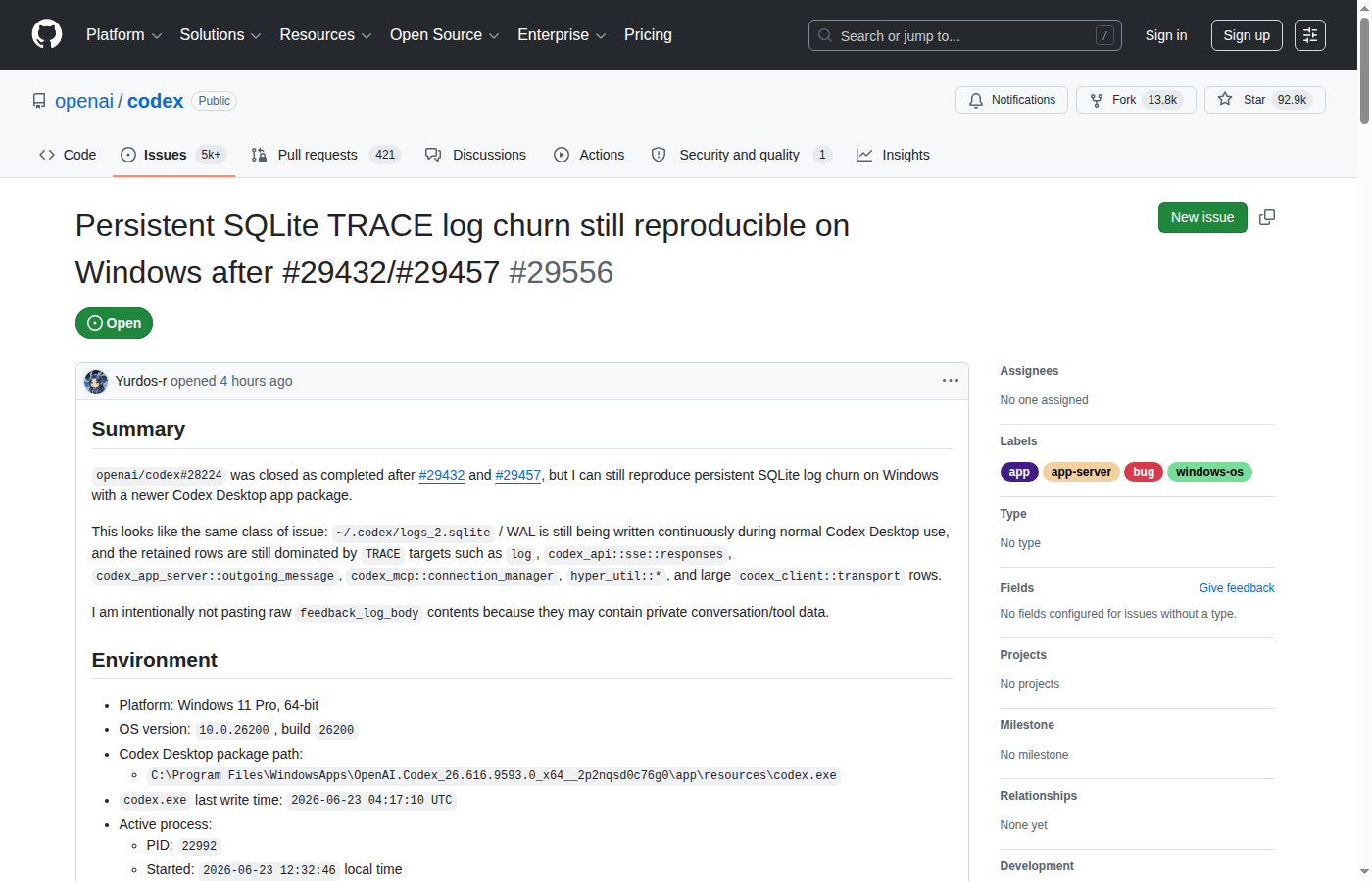 GitHub issue #29556 о persistent SQLite TRACE log churn на Windows после PR #29432 и #29457