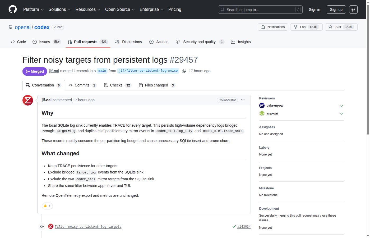 Pull request OpenAI Codex #29457 с фильтрацией шумных persistent logs