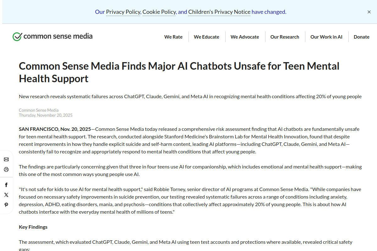 Скриншот страницы Common Sense Media о рисках крупных AI-чатботов для подростковой mental-health поддержки