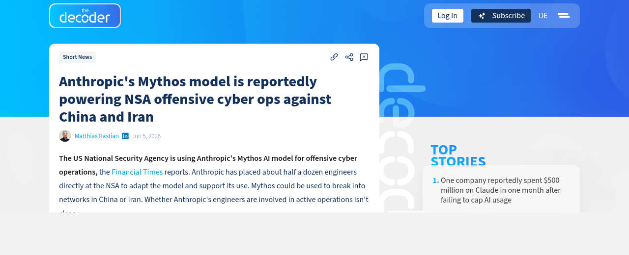 Скриншот The Decoder о сообщении Financial Times про Anthropic Mythos и NSA