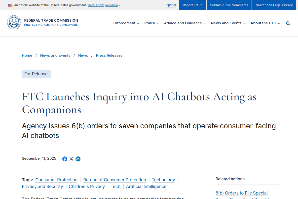 Скриншот страницы FTC о запросе к семи компаниям по AI-чатботам-компаньонам и рискам для детей и подростков