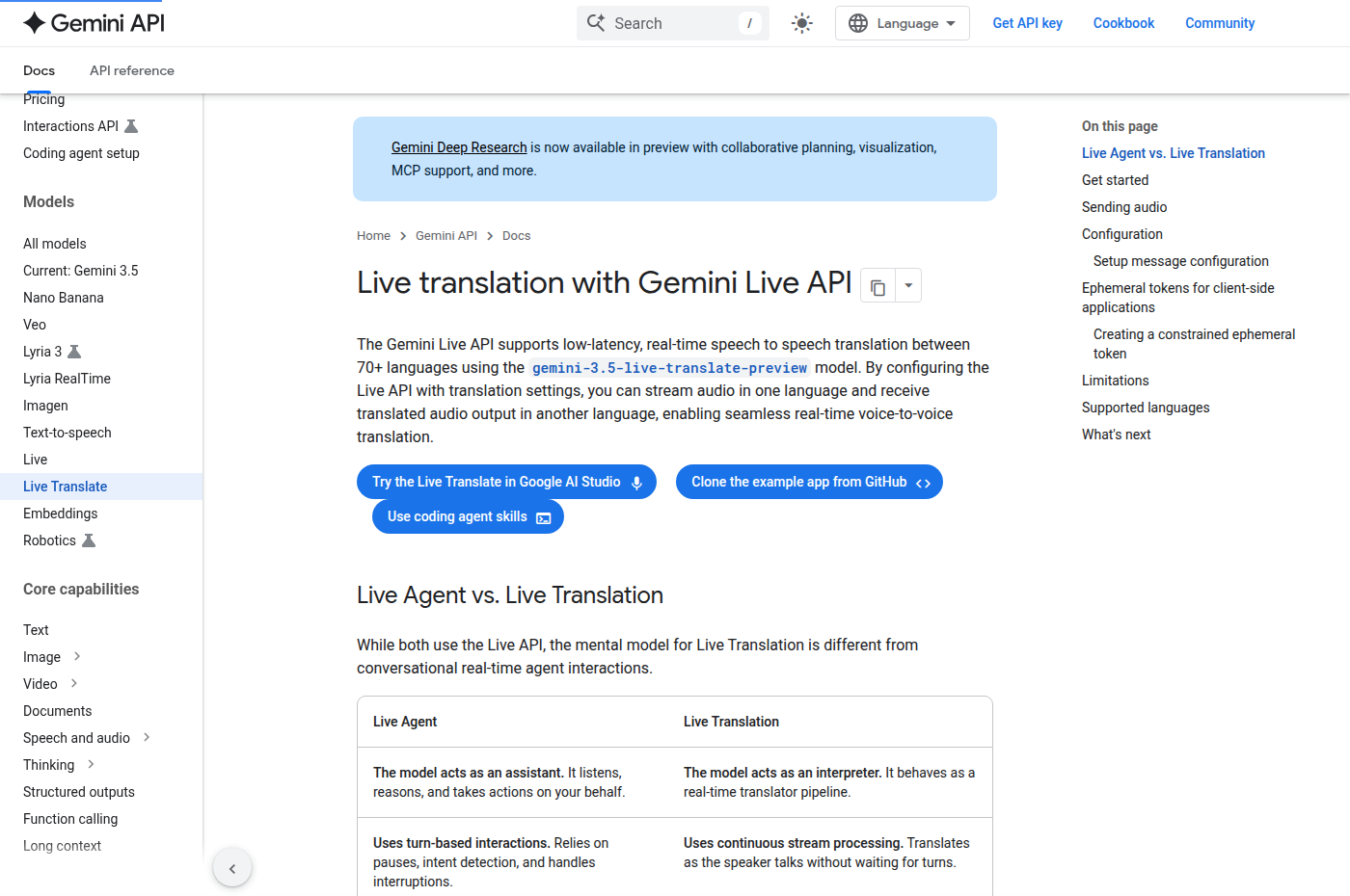 Документация Google AI for Developers по Live translation with Gemini Live API