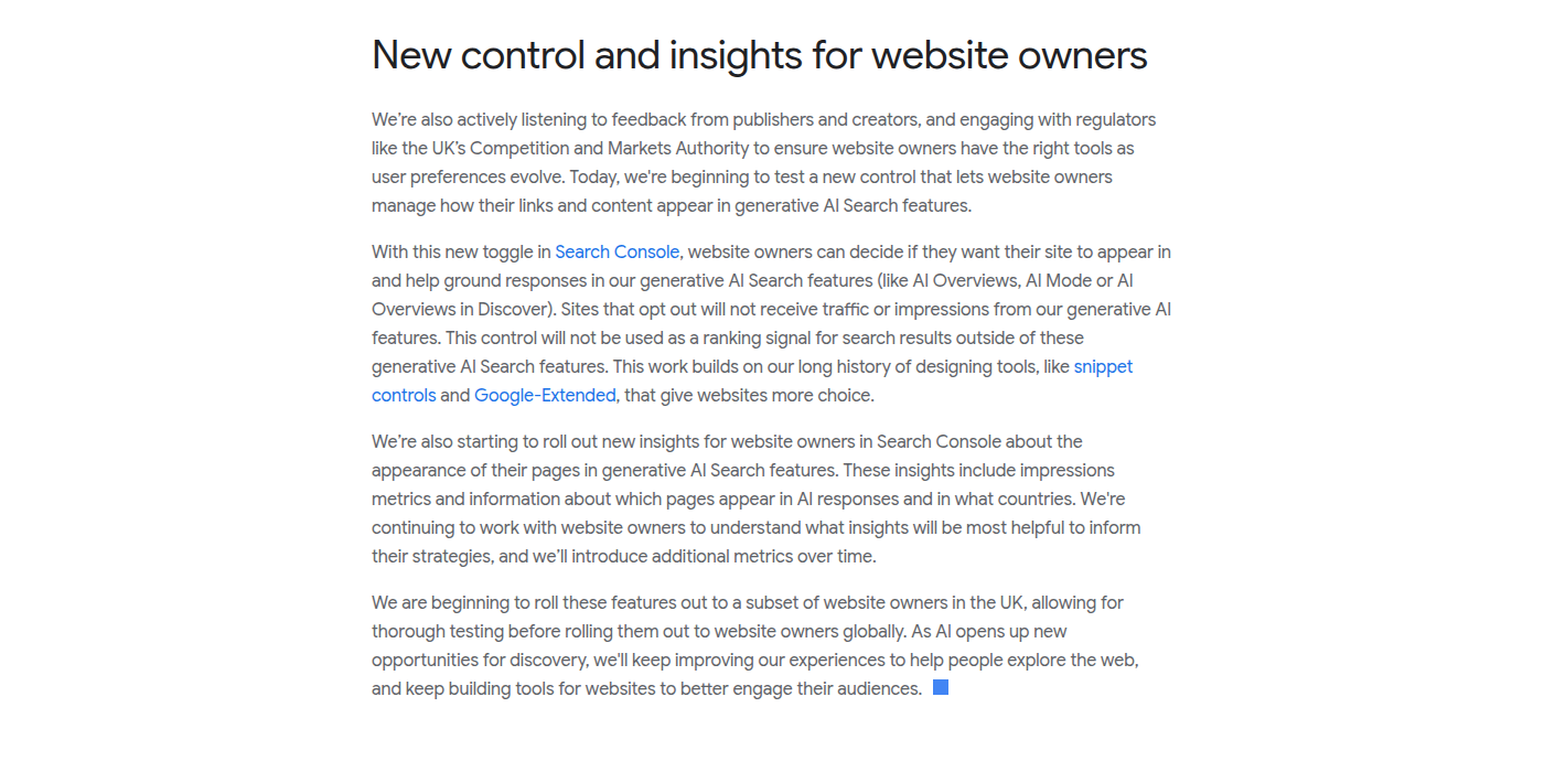 Раздел Google Blog о новом контроле Search Console для генеративного AI Search