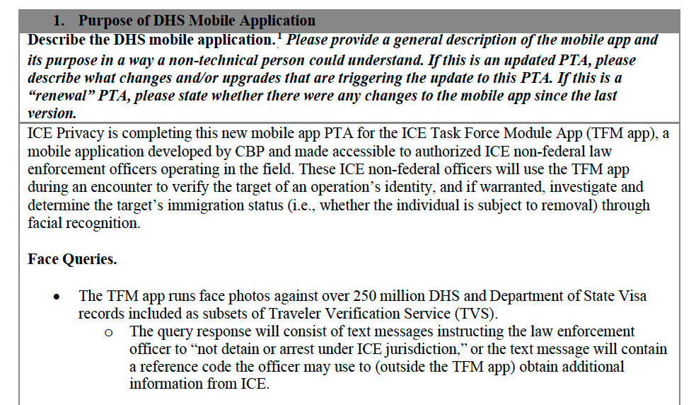 Фрагмент документа DHS о назначении ICE Task Force Module App и поиске по лицу