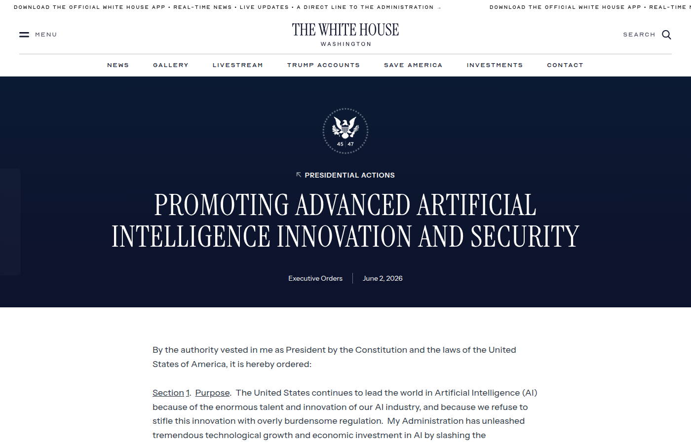 Скриншот официальной страницы White House с указом Promoting Advanced Artificial Intelligence Innovation and Security