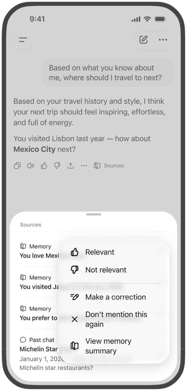 Официальный скриншот OpenAI с Memory Sources в ChatGPT