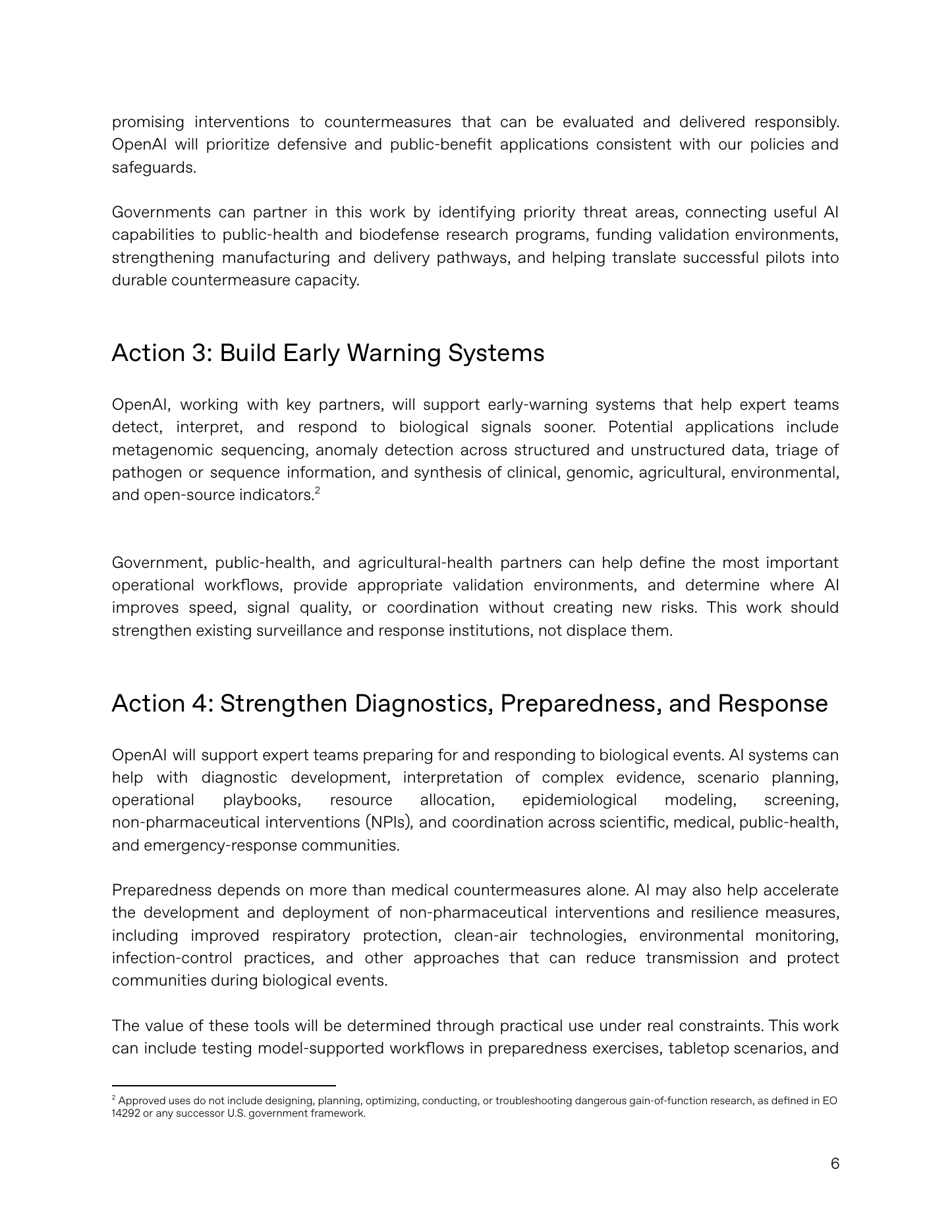 Страница PDF OpenAI с разделами Action 3 Build Early Warning Systems и Action 4 Strengthen Diagnostics Preparedness and Response