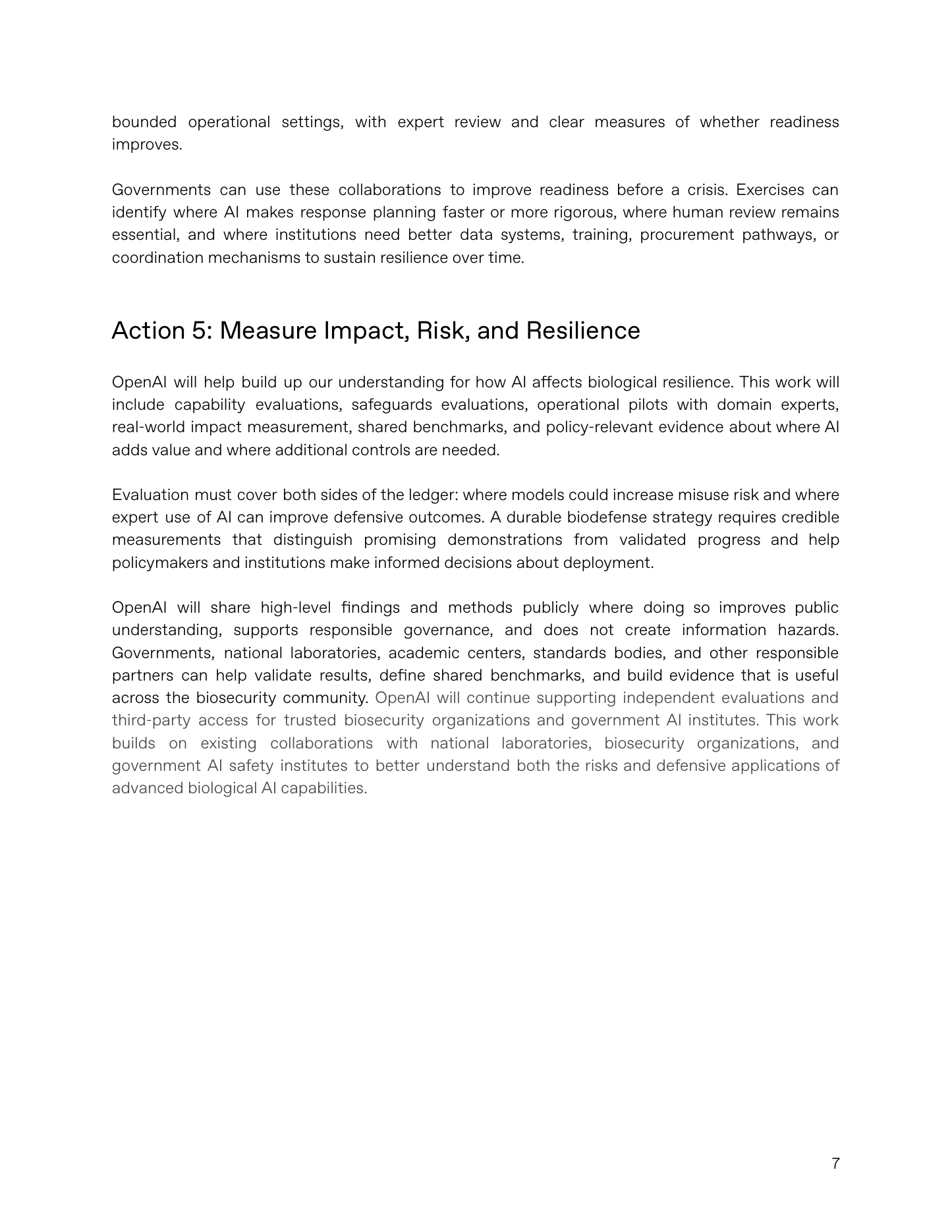 Страница официального PDF OpenAI с разделом Action 5 Measure Impact Risk and Resilience