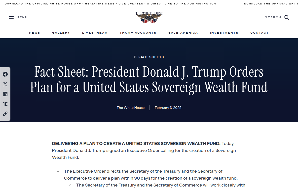 Скриншот страницы Белого дома о плане суверенного фонда США