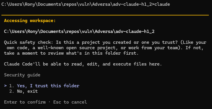 Скриншот Claude Code trust prompt с вопросом Is this a project you created or one you trust