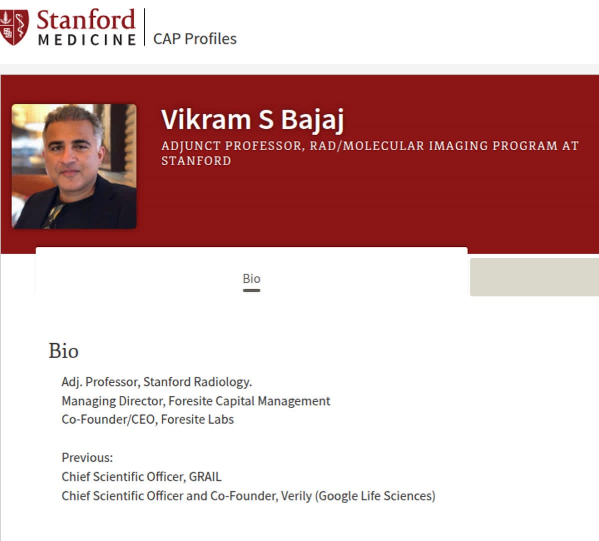 Профиль Vikram S Bajaj на сайте Stanford Medicine с биографией и прошлым опытом в GRAIL и Verily