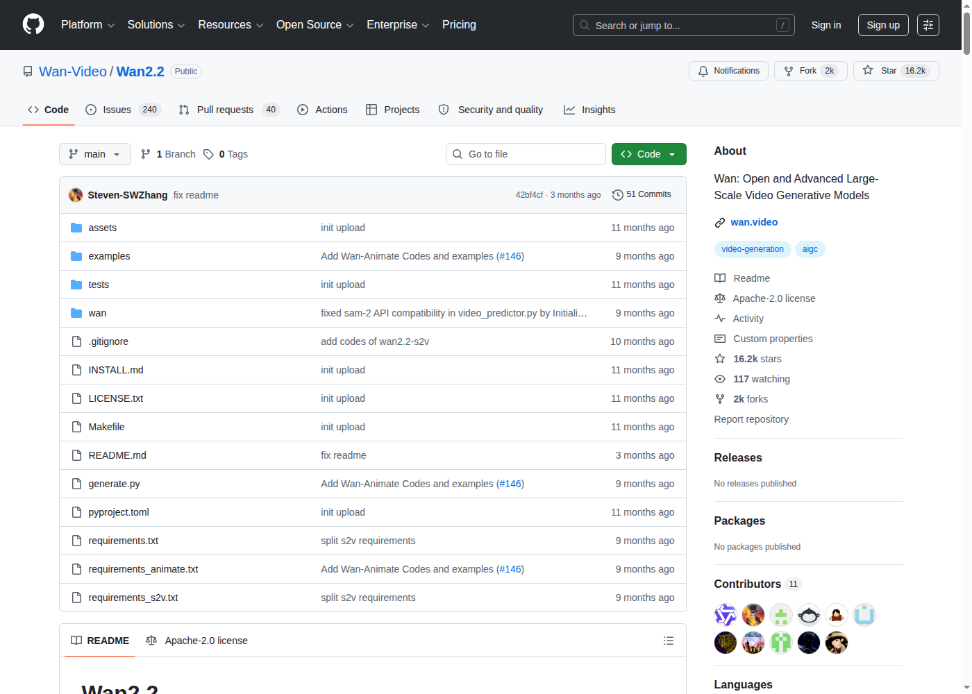 Скриншот GitHub-репозитория Wan-Video/Wan2.2